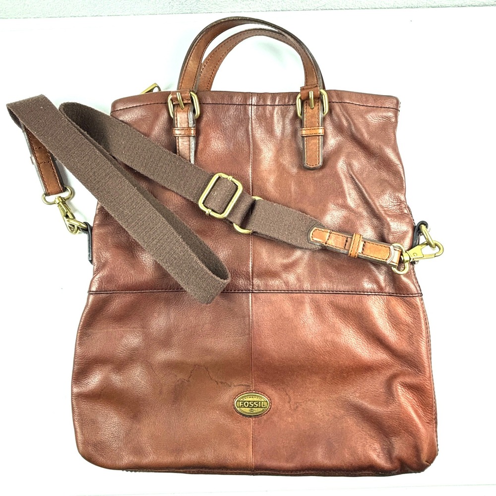 Fossil Convertible Tote Bag Womens Large Brown Leather Crossbody Satchel Hobo